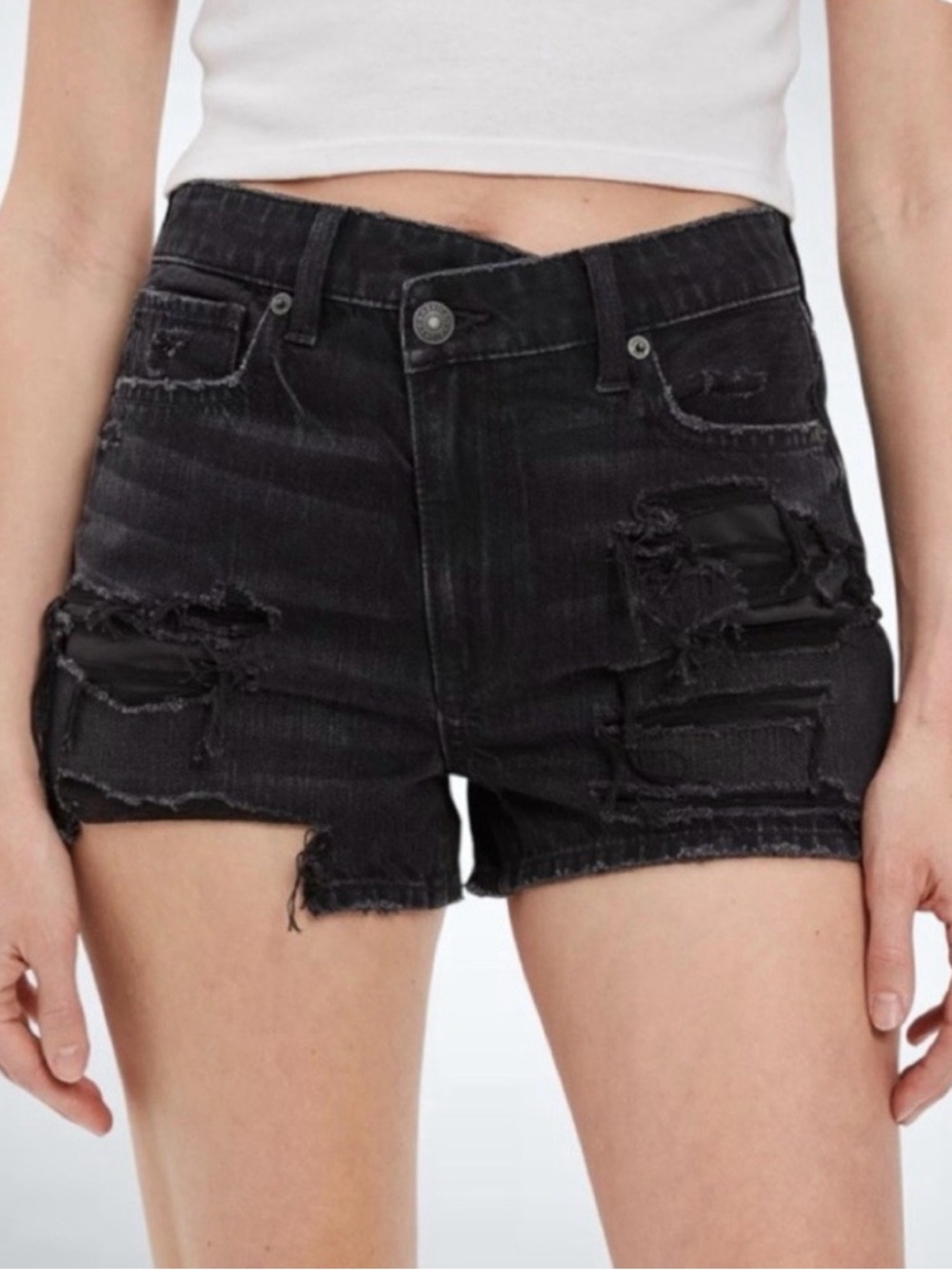 American Eagle Outfitters Black High-Rise Distressed Jean Shorts